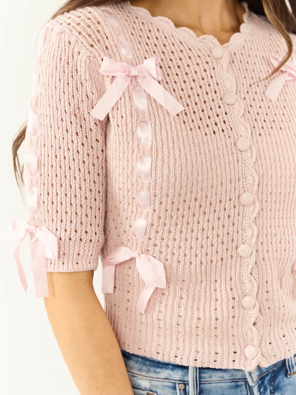 Listicle Blush Pink Bow Ribbon-Trim Knit Pointelle Cardigan -Cottagecore